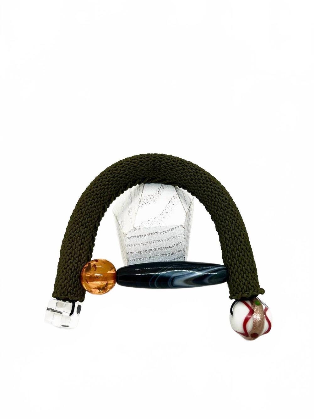 NEW NICOMEDE women's hand-made woven acrylic and plastic beads bracelet in olive